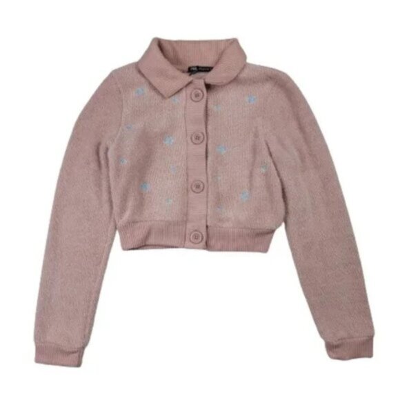 Zara Women Pink Embroidered Cropped Cardigan Button Up Knit Sweater Trendy - Picture 2 of 10